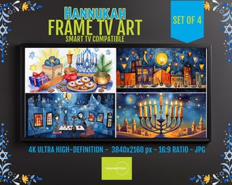 Hanukkah Menorah & Dreidel Digital Art – Blue Gold Festival of Lights 4K UHD Samsung Frame TV Artwork, Elegant Holiday Screensaver Download