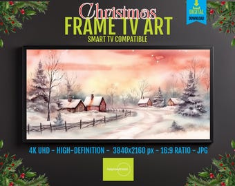 Samsung Frame TV Art – Christmas Village Scene, Festive Holiday Town Under Snow, Cozy Winter Cottage Display, 4K UHD Digital Download