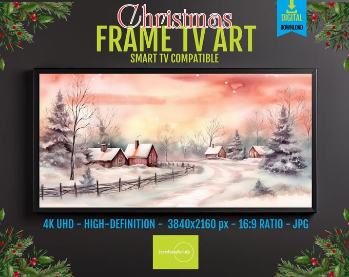 Featured listing image: Samsung Frame TV Art – Christmas Village Scene, Festive Holiday Town Under Snow, Cozy Winter Cottage Display, 4K UHD Digital Download