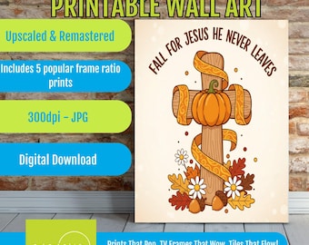 Fall Wall Art Digital Print: Wooden Cross, Pumpkin, Colorful Leaves, Daisy Flowers, Vibrant Seasonal Autumn Decor Illustration