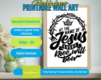 Religious Wall Art Printable – At The Name of Jesus, Black and White Calligraphy, Instant Download Spiritual Faith Decor, Crown Motif