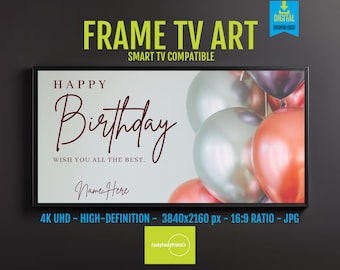 Personalized Happy Birthday TV Frame - Samsung Frame TV Art with Pink and Gray Balloons - Digital Download for Party Decor | 4K HD 16x9