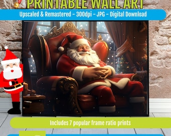 Santa Christmas Wall Art PRINTABLE - Holiday Digital Download, Festive Santa Sitting in Chair, Seasonal Decor