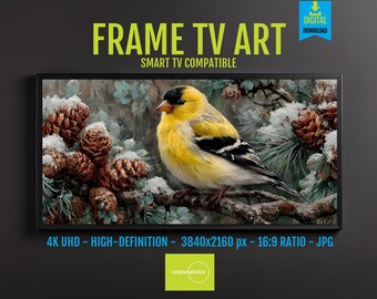 Goldfinch Art Winter Scene for Frame TV – Digital Download of Serene Landscape, Frosted Pines, Bird & Wildlife Art Decor, 3601