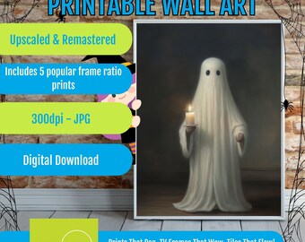 Ghost with Candle Halloween Wall Art, Spooky Vintage Decor, Digital Download Printable, Candlelit Ghost Art for Fall Decor