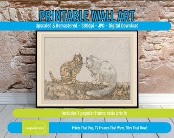 Antique Animal Print Two Cats on a Wall – Whimsical Vintage Cat Artwork, Rustic Farmhouse Wall Art, Printable Decor, Cat Lover Gift
