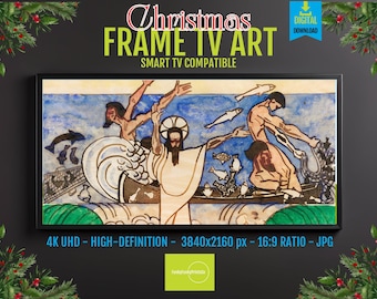 Vibrant Fishing Scene Art: Spiritual Figure and Dynamic Waves