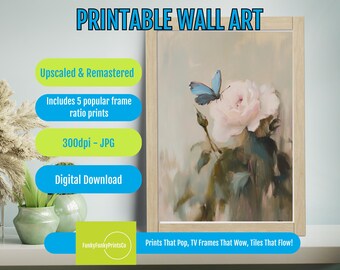 Butterfly Painting Pink Peony Art for Whimsical Home Decor, Dreamy Impressionistic Floral Print, Pastel Printable Wall Art Download