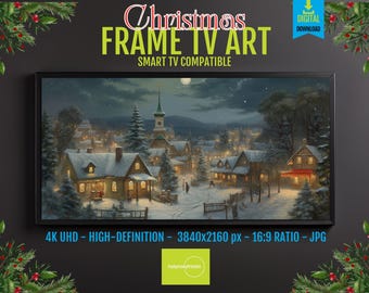 Samsung Frame TV Art – Christmas Village Under Snow, Charming Holiday Winter Scene, 4K UHD Digital Download, Cozy Festive Display