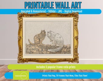 Two Cats on a Wall PRINTABLE Art – Theo van Hoytema Vintage Cat Illustration – Digital Download Antique Animal Artwork, Thoughtful Gift