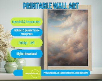 Vintage Clouds PRINTABLE Wall Art - Neutral Painting with Cloudy Pink Sky, Large Nursery Decor, Antique Blues Sky Print, 1168