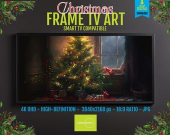 Samsung Frame TV Art – Glowing Christmas Tree Scene, Cozy Holiday Living Room Decor, 4K UHD Digital Download, Festive Winter Display