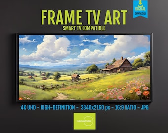 Countryside Scene Digital Art Download - Tranquil Nature, Quaint Cottage, Lush Greenery, Mountain Landscape for 4K UHD & Samsung Frame TV