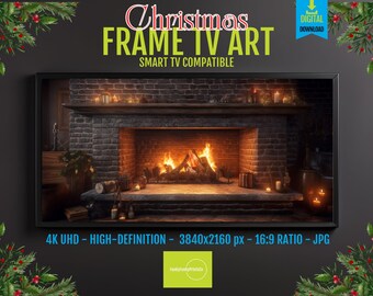 Cozy Winter Fireplace Mantel with Relaxing Fire Flames for Samsung Frame TV Art | 4K HD Digital Download Screensaver for Holiday Decor