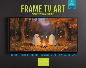 Whimsical Scene: Ghosts Roasting Marshmallows, Autumn Forest Art for Samsung Frame TV, Cozy Campfire Digital Download