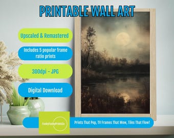 Moody Forest PRINTABLE Wall Art, Moonlit Landscape and Calm Waters, Rustic Boho Decor, Tranquil Nature Digital Download