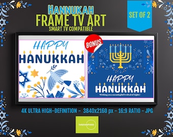 Happy Hanukkah Decor for Samsung Frame TV - 4K Menorah Screensaver with Dreidel Art, Digital Download forJewish Festival of Lights