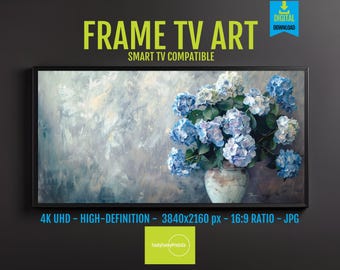 Samsung TV Art Blue Hydrangea 4K Download, Digital Floral Botanical Frame Art, Summer Chinoiserie Cottage Decor, Still Life Prints
