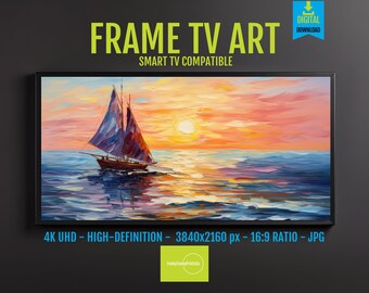 Sunset Seascape Art 4K UHD – Vibrant Beach Sunset for Samsung Frame TV, Sailboat and Nature Landscape, Colorful Wall Decor