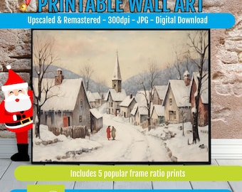 Christmas Village Printable Art, Cozy Snowy Cottage Wall Decor, Vintage Winter Town Poster, Festive Holiday Mantel Display Digital Download