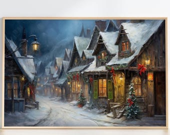 Printable Christmas Village Wall Art – Snowy Holiday Cottage Scene, Vintage Watercolor Winter Decor, Festive Digital Download