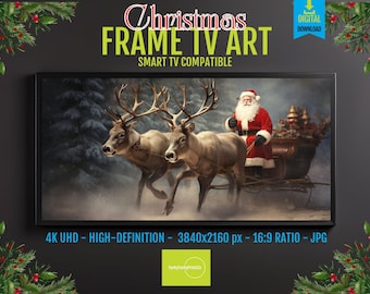 Samsung Frame TV Art: Santa and His Sleigh with Reindeer, Christmas Screensaver Digital Download | Festive Holiday Frame TV Decor for Season
