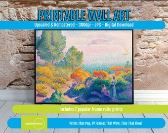 Pointillism Wall Art Vintage Seaside Painting, Colorful Digital Art Print, 300dpi Instant Download, Classic Landscape Home Decor