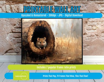 Mouse Art Printable Rustic Whimsical Woodland Mouse in Log, Charming Animal Decor, Digital Nature Scene, Wildlife Wall Art Download