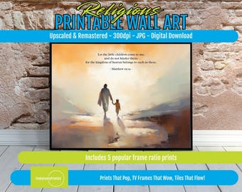 Matthew 19 14 Bible Verse PRINTABLE Wall Art – Digital Download Christian Artwork – Inspirational Jesus and Child Painting for Home Decor