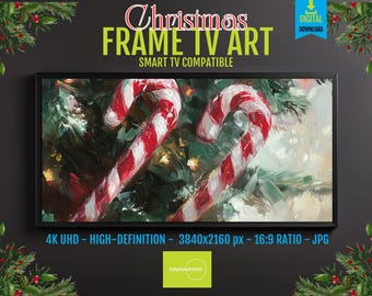 Samsung Frame TV Art – Christmas Candy Cane Decor, Festive Red and White Holiday Scene, 4K UHD Digital Download, Winter Home Display
