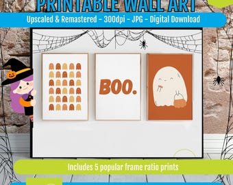 Halloween Wall Art Set of 3 Images, Cute Ghost Print & BOO Typography for Spooky Kids Room Decor, Autumn Nursery Wall Art
