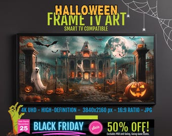 Spooky Halloween Mansion Art, Ghosts and Pumpkins (4K Digital)