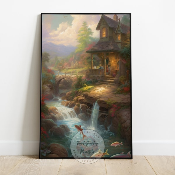 Thomas Kinkade Inspired Digital Art, Cottage with Waterfall Poster, Printable Wall Decor, Perfect Gift for Art Lovers