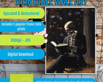 Spooky Skeleton Wall Art: Dark Academia Reading Halloween Print