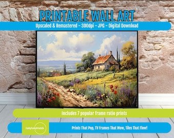Country Landscape Digital Art, Wildflower Fields and Farmhouse Printable, Serene Countryside Scene, Rustic Rolling Hills Wall Decor for Home