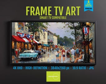 Street Scene Digital Art Download for Samsung Frame TV – Vibrant Summer Street Decor with Lights, Bunting, Classic Cars & More