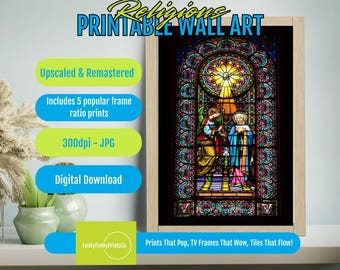 Stained Glass Art Print with Biblical Figures, Vibrant Christian Decor, Geometric Patterns, Floral Motifs, Ornate Borders, Digital Download