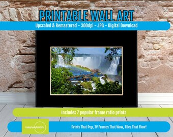 Waterfall Print: Stunning Wooden Walkway and Lush Greenery Nature Photography for Tranquil Escape, Vibrant Instant Download Art