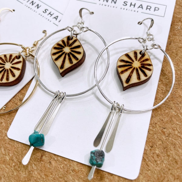 Leaf Hoop Earrings with Turquoise