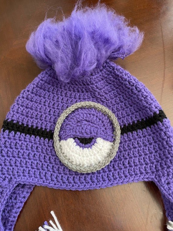 Handmade Crochet Evil Purple Minion Beanie With Ear Flaps, and Braids.  Despicable Me Hat or Costume 