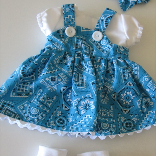 ON SALE 15% OFF Baby Doll Clothes Turquoise Blue & White Bandanna Print Jumper Blouse Headband Booties Fits Bitty Baby Other 15" Baby Dolls