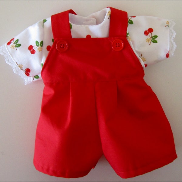 Baby Doll Clothes Red Short Romper & White Cherry Print Blouse Fits Bitty Baby or Other 15" Baby Dolls
