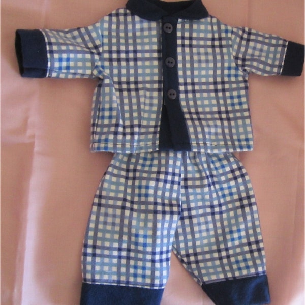 Boy or Girl Baby Doll Clothes Blue Plaid Flannel Pajama Set Fits Bitty Baby or Other 15" Baby Dolls