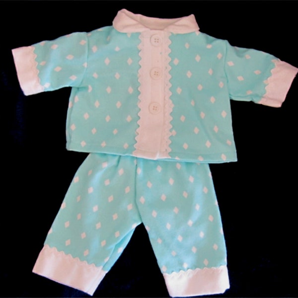 Baby Doll Clothes Aqua Blue & White Flannel Pajama Set Fits Bitty Baby or Other 15" Baby Dolls