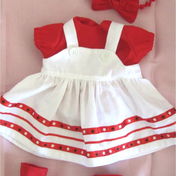 ON SALE 15% OFF Baby Doll Clothes  Red & White  Print Jumper White Blouse Headband Booties Fits Bitty Baby or Other 15" Baby Dolls