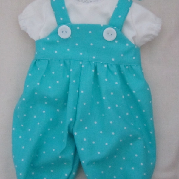 Baby Doll Clothes Aqua Blue & White Polka Dot Romper Blouse Headband Fits Bitty Baby or Other 15" Baby Dolls