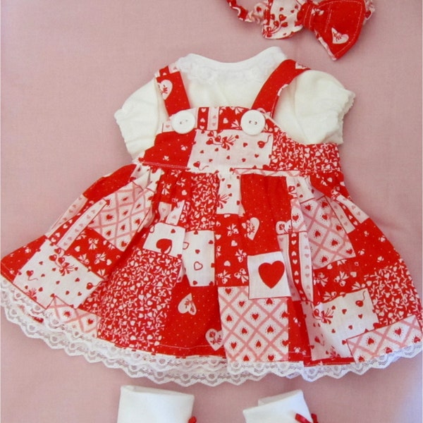 Baby Doll Clothes  Red & White Heart Print Jumper White Blouse Headband Booties Fits Bitty Baby or Other 15" Baby Dolls