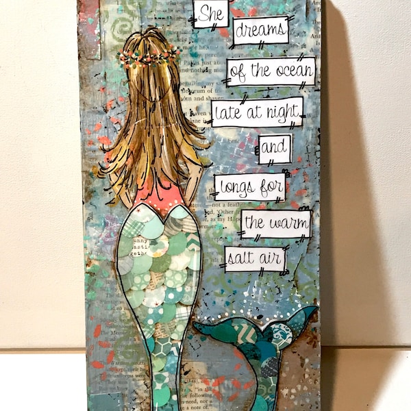 Mermaid Art, Mermaid Painting, Mermaid Decor, She dreams of the ocean late at night and longs for the warm salt air"