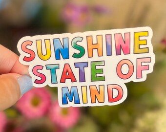 Estado mental soleado, calcomanía de alegría, calcomanía de letras coloridas, calcomanía de vinilo de sol, Hydro Flask, resistente a la intemperie, calcomanía para botella de agua