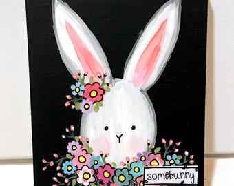 Bunny Painting, Bunny Sign, Spring Bunny Sign, Nursery Bunny, Whimsical Floral Rabbit